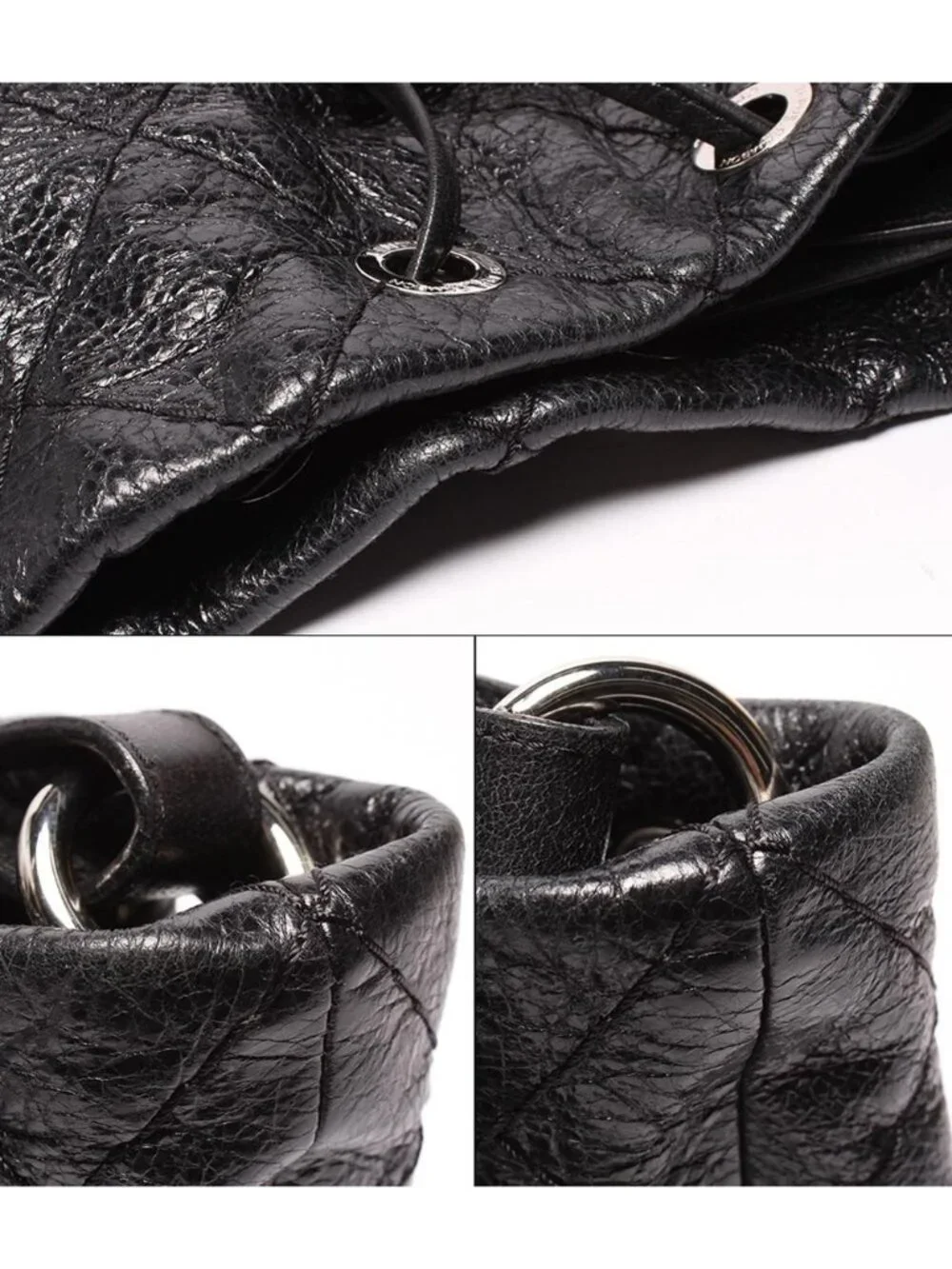 Chanel Leather Shoulder Bag Drawstring Quilted Silver on the Road